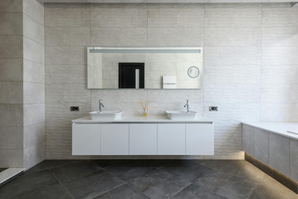 Elegant bathroom with minimalist design and modern fixtures.